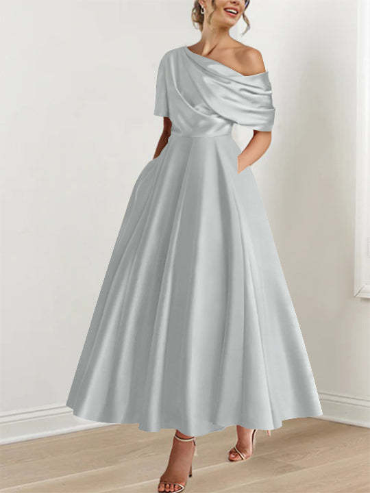 One-shoulder A-line Princess ankle-length bridal mother dress with ruffles and half sleeves