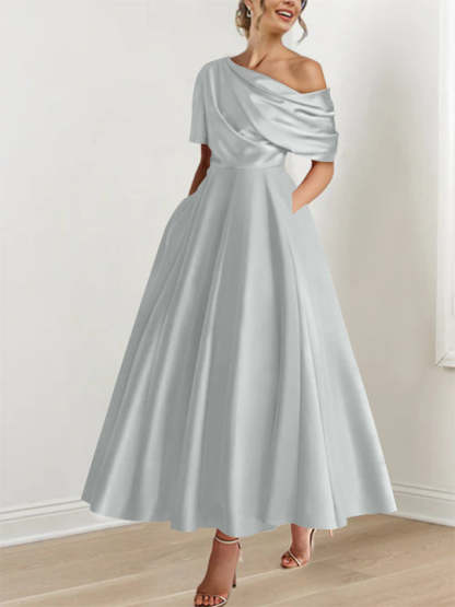 One-shoulder A-line Princess ankle-length bridal mother dress with ruffles and half sleeves