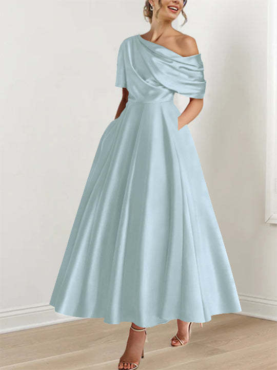 One-shoulder A-line Princess ankle-length bridal mother dress with ruffles and half sleeves