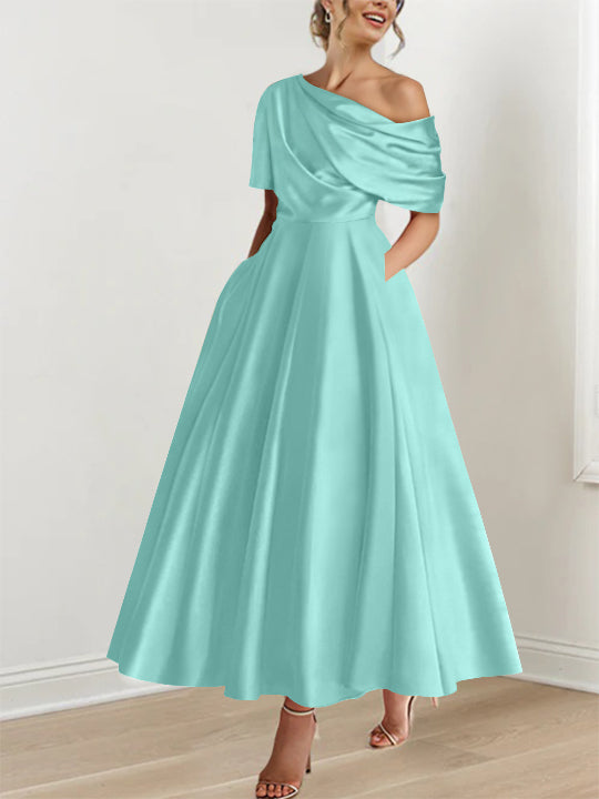 One-shoulder A-line Princess ankle-length bridal mother dress with ruffles and half sleeves