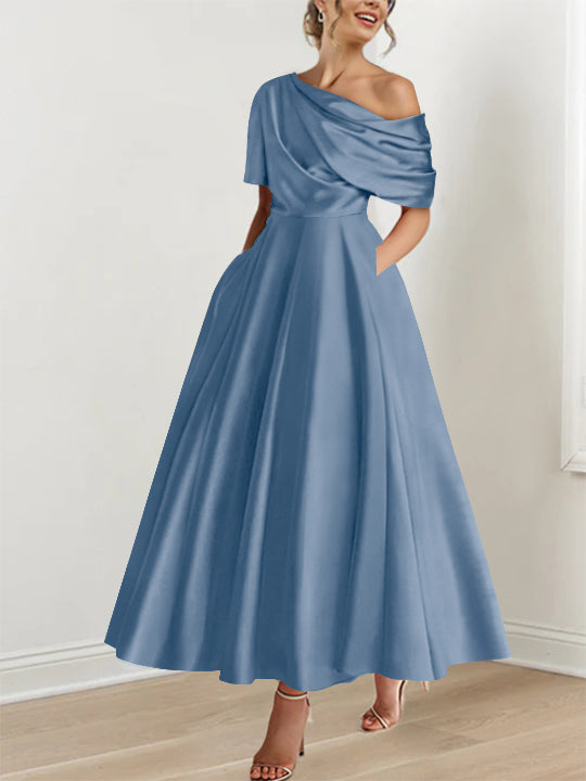 One-shoulder A-line Princess ankle-length bridal mother dress with ruffles and half sleeves