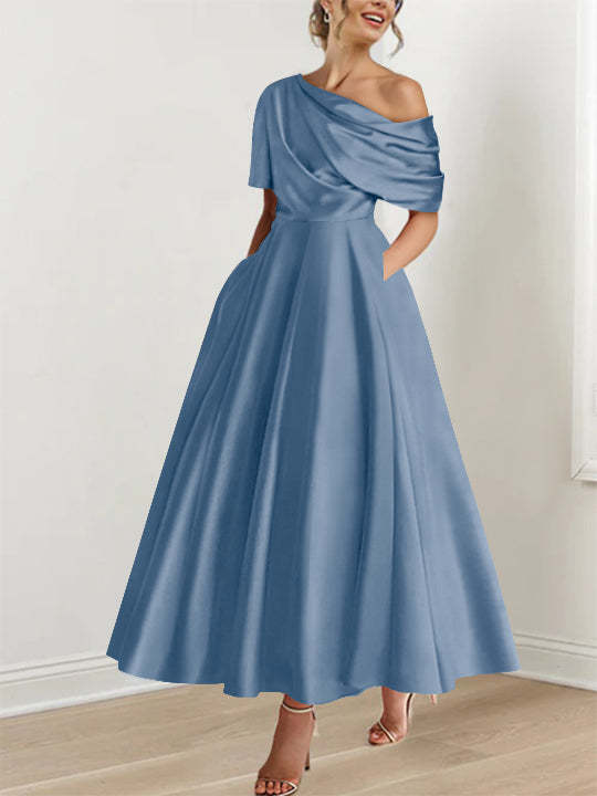 One-shoulder A-line Princess ankle-length bridal mother dress with ruffles and half sleeves