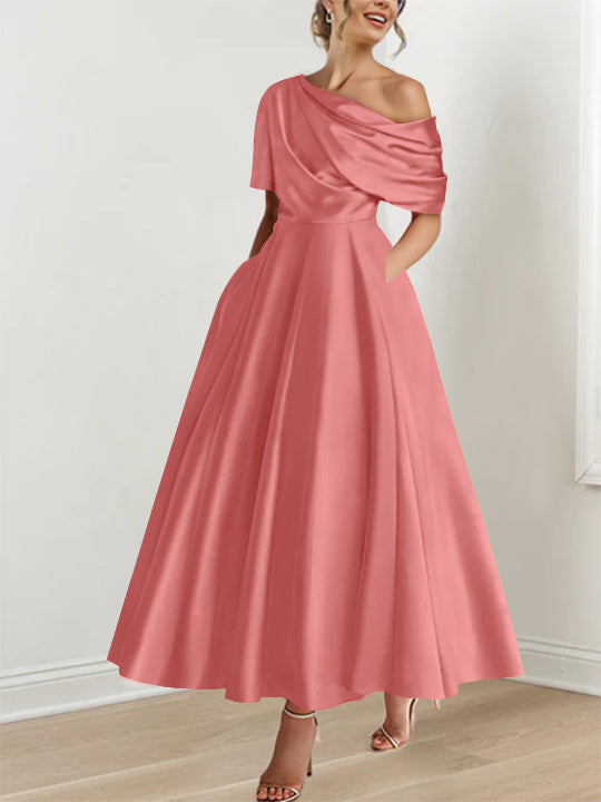 One-shoulder A-line Princess ankle-length bridal mother dress with ruffles and half sleeves
