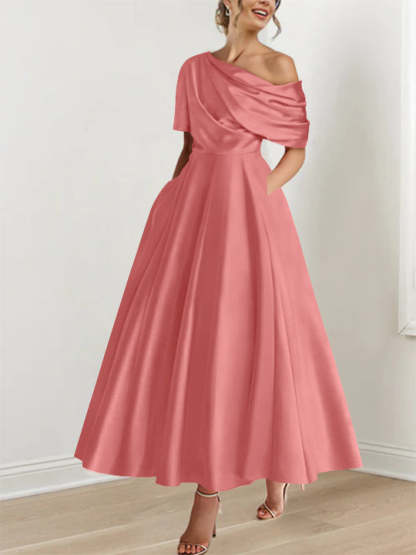 One-shoulder A-line Princess ankle-length bridal mother dress with ruffles and half sleeves
