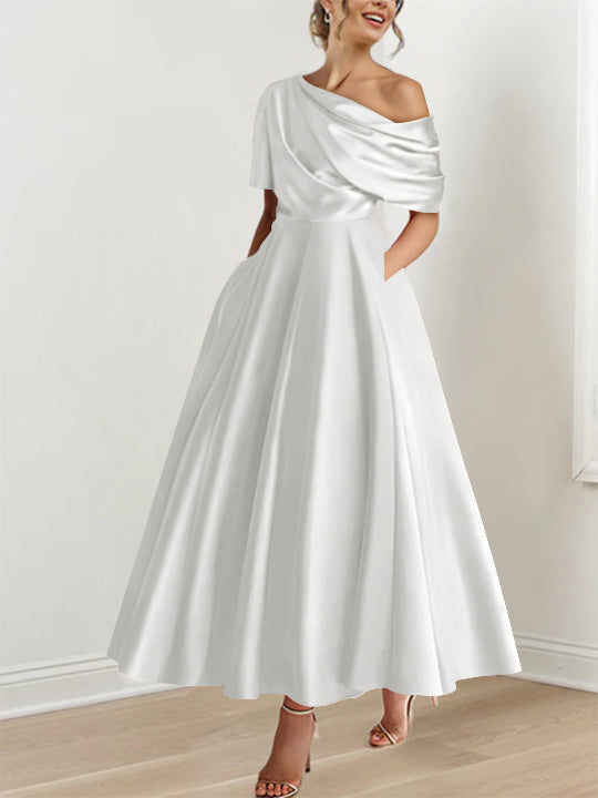 One-shoulder A-line Princess ankle-length bridal mother dress with ruffles and half sleeves