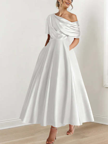 One-shoulder A-line Princess ankle-length bridal mother dress with ruffles and half sleeves