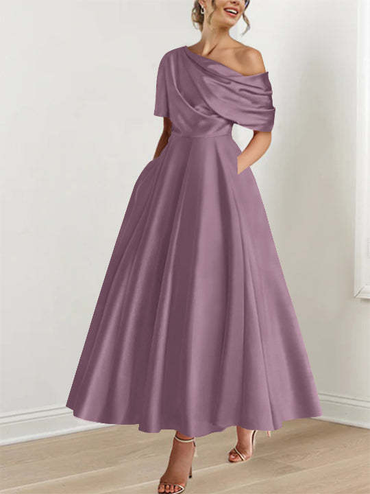 One-shoulder A-line Princess ankle-length bridal mother dress with ruffles and half sleeves