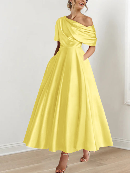 One-shoulder A-line Princess ankle-length bridal mother dress with ruffles and half sleeves