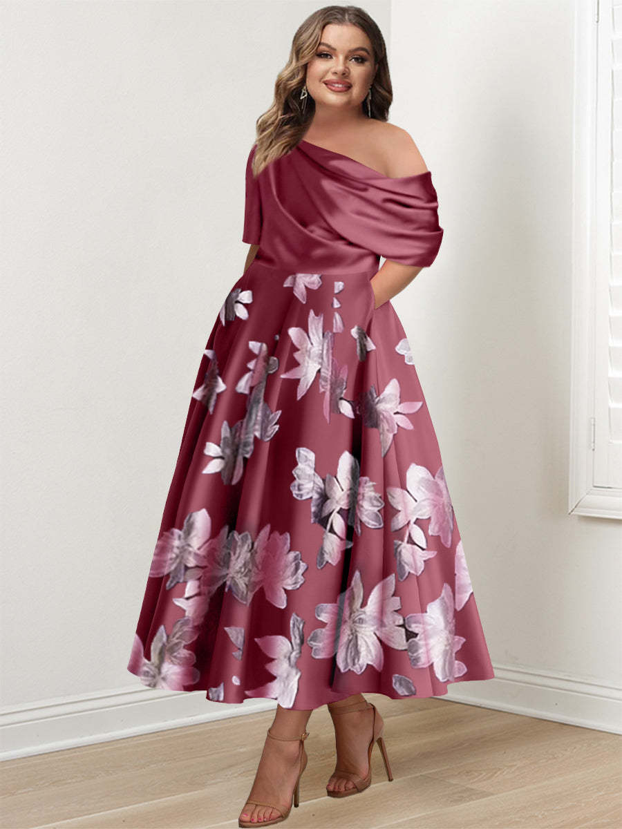 Printed Flower Plus Size Mother of the Bride A-Line Princess One-Shoulder Dress
