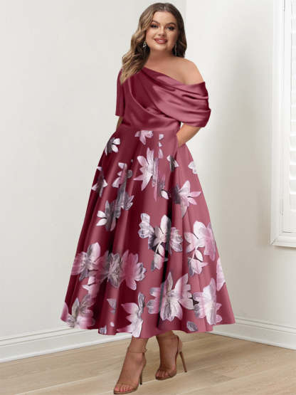 Printed Flower Plus Size Mother of the Bride A-Line Princess One-Shoulder Dress