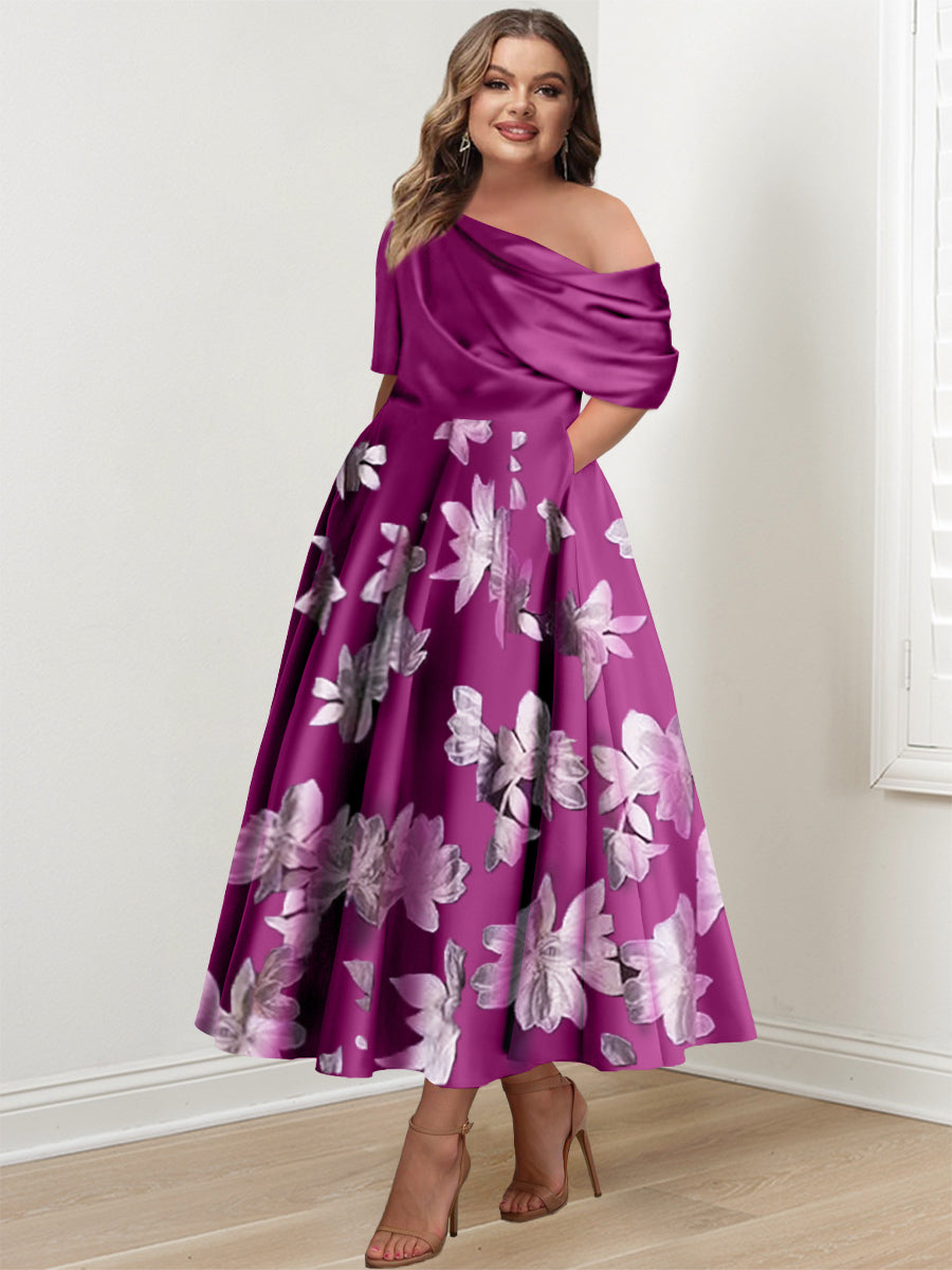 Printed Flower Plus Size Mother of the Bride A-Line Princess One-Shoulder Dress