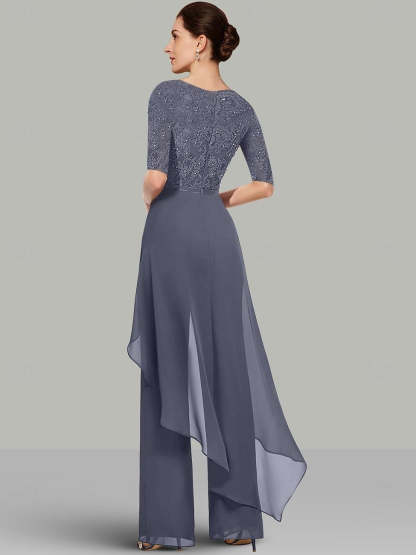 2-Piece Chiffon Mother of the Bride Pantsuit with Jewel Neck Half Sleeves and Floor-Length Design featuring Lace & Ruffles-BMbridal.UK