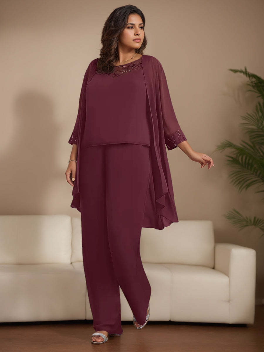 Plus Size 3-Piece Chiffon Pantsuit with Beaded Jacket Lace and Sequins for the Mother of the Bride