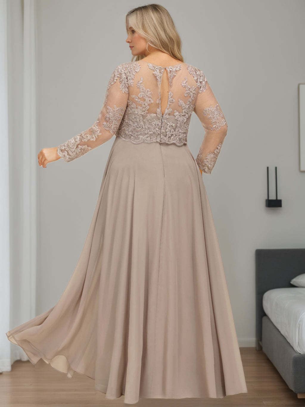Plus Size Floor-Length A-Line Mother of the Bride Dress with Scoop Neck and Long Sequined Sleeves