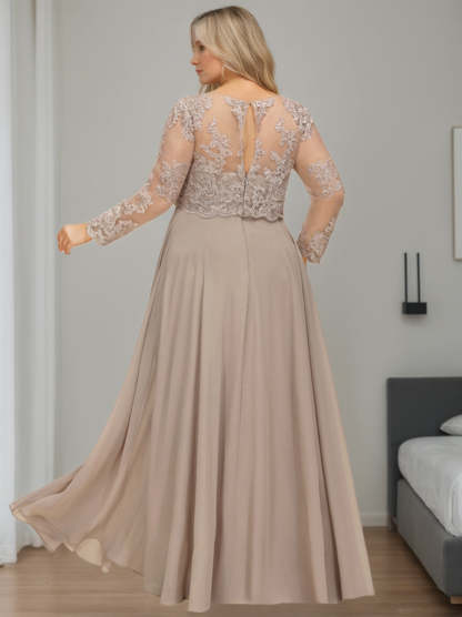 Plus Size Floor-Length A-Line Mother of the Bride Dress with Scoop Neck and Long Sequined Sleeves