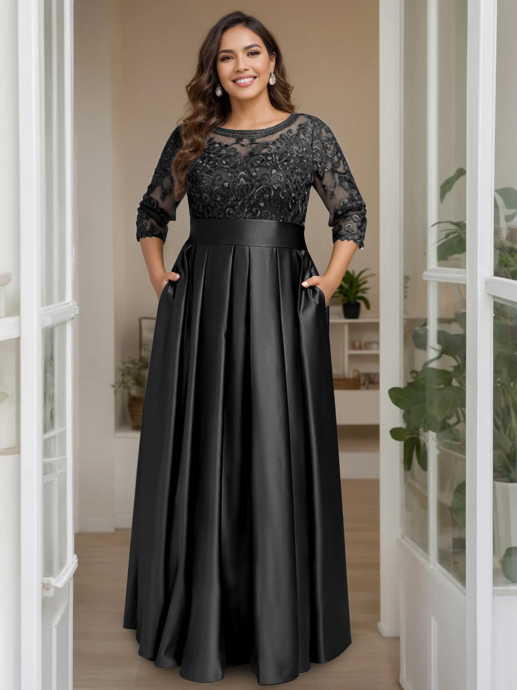 Plus Size Floor-Length Mother of the Bride A-Line Dress with 3/4 Sleeves Scoop Neck Bow & Sequins
