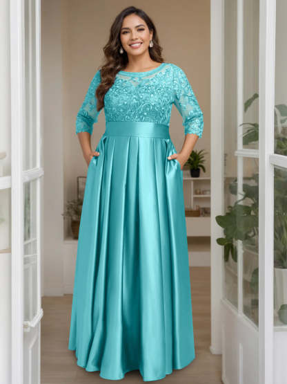 Plus Size Floor-Length Mother of the Bride A-Line Dress with 3/4 Sleeves Scoop Neck Bow & Sequins