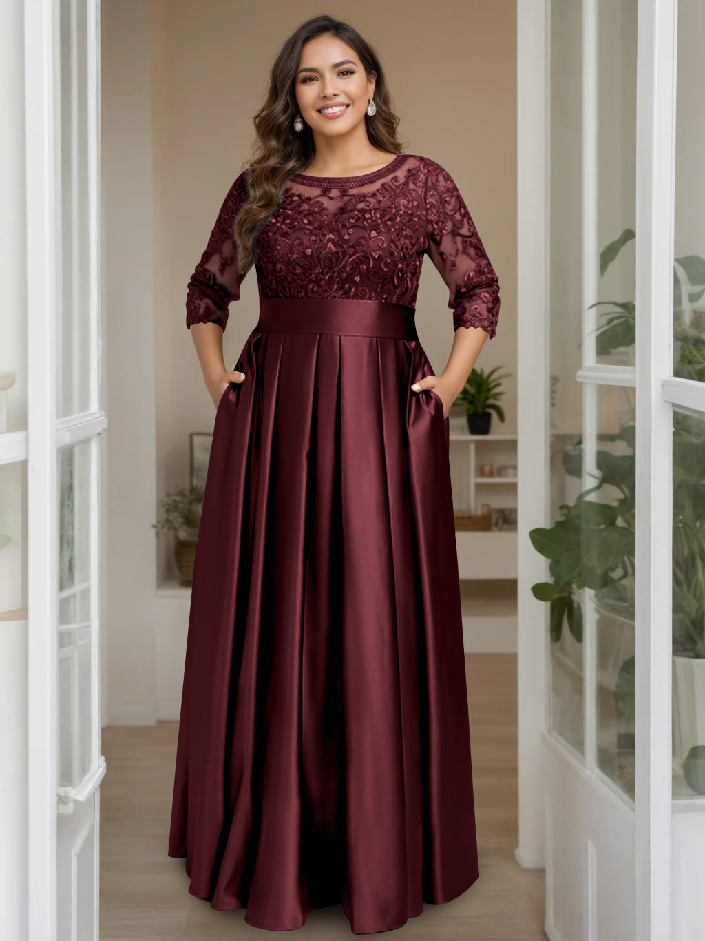 Plus Size Floor-Length Mother of the Bride A-Line Dress with 3/4 Sleeves Scoop Neck Bow & Sequins
