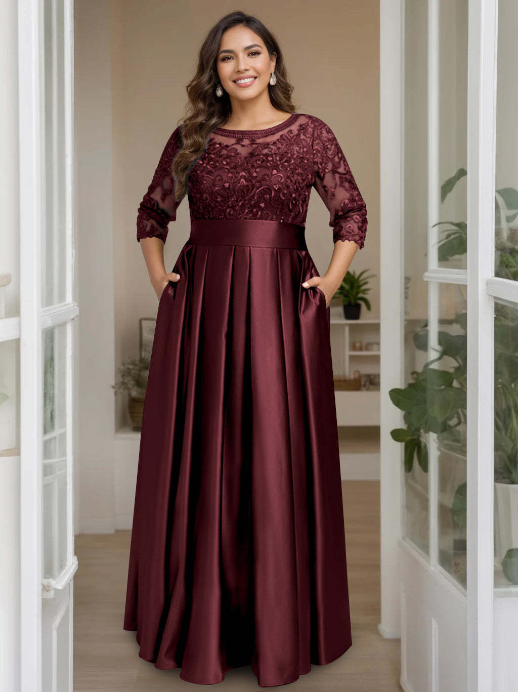 Plus Size Floor-Length Mother of the Bride A-Line Dress with 3/4 Sleeves Scoop Neck Bow & Sequins