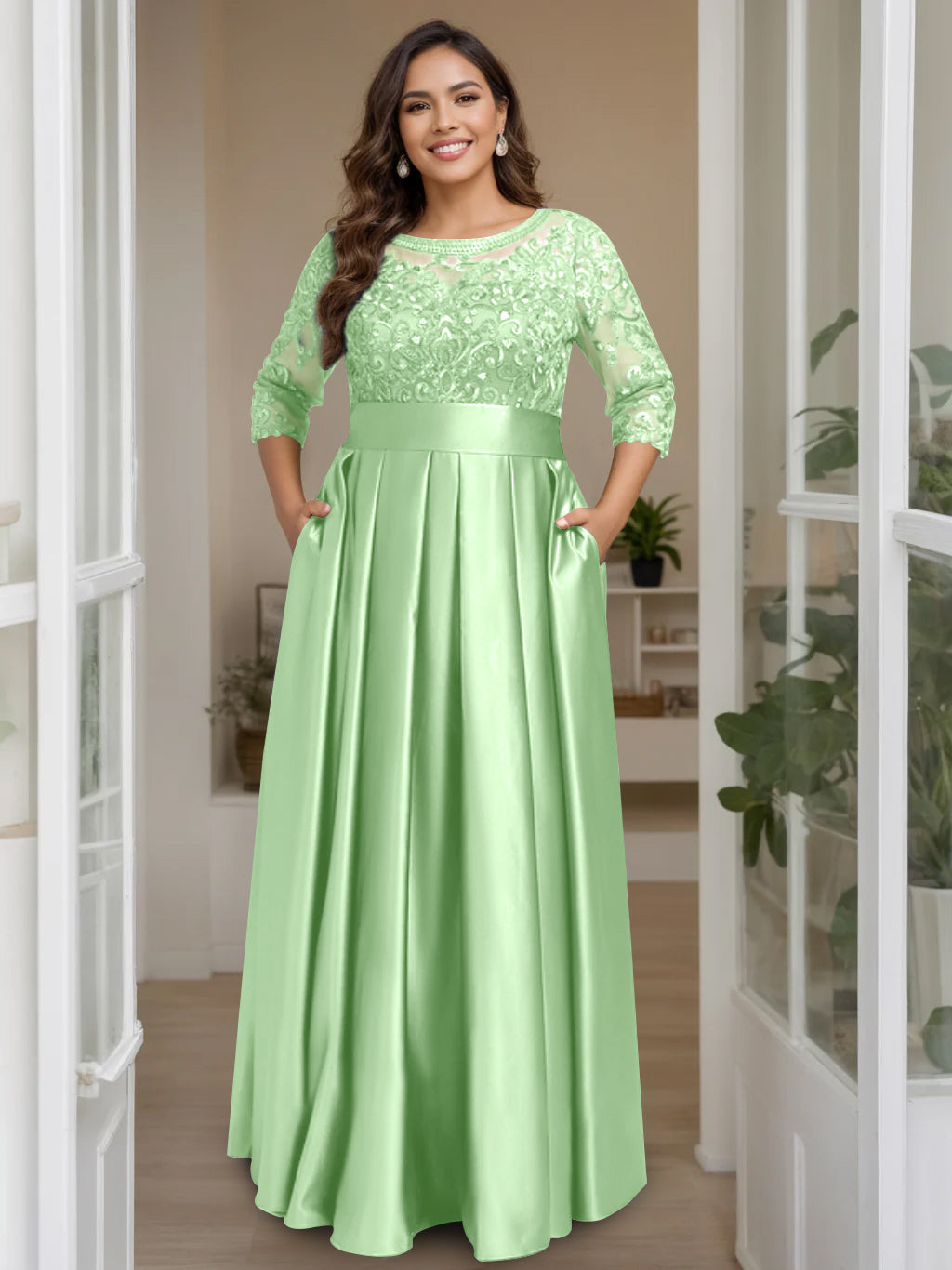 Plus Size Floor-Length Mother of the Bride A-Line Dress with 3/4 Sleeves Scoop Neck Bow & Sequins