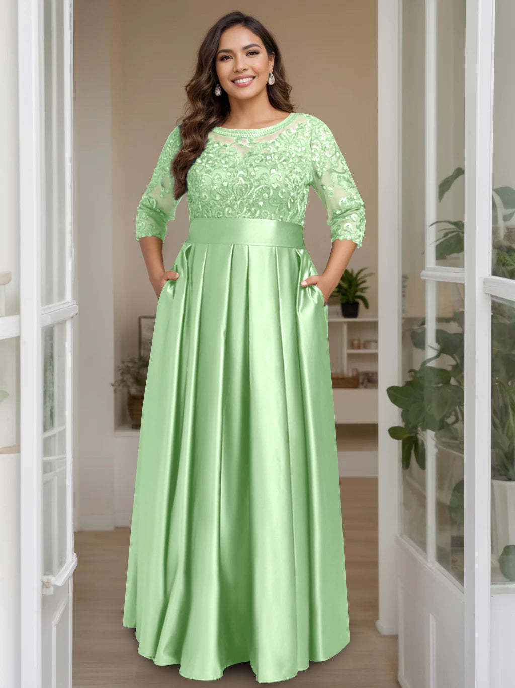 Plus Size Floor-Length Mother of the Bride A-Line Dress with 3/4 Sleeves Scoop Neck Bow & Sequins