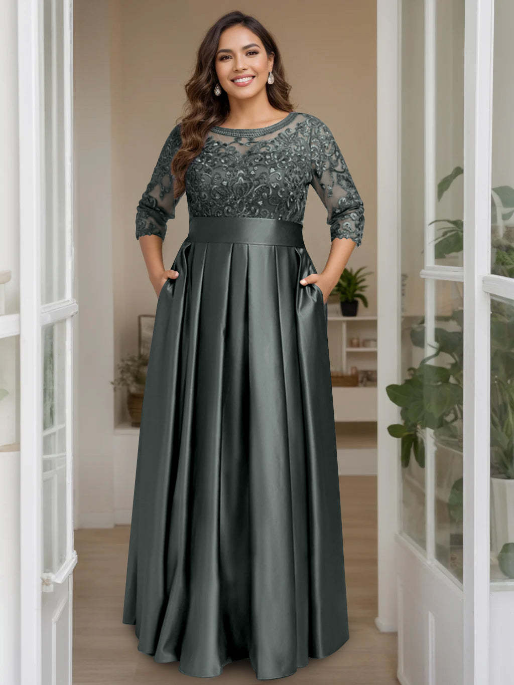 Plus Size Floor-Length Mother of the Bride A-Line Dress with 3/4 Sleeves Scoop Neck Bow & Sequins