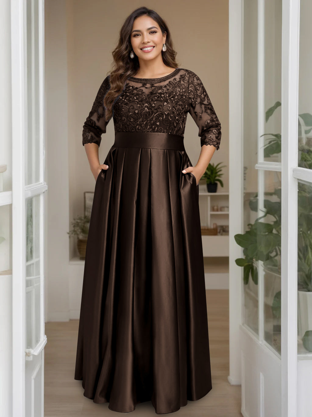 Plus Size Floor-Length Mother of the Bride A-Line Dress with 3/4 Sleeves Scoop Neck Bow & Sequins