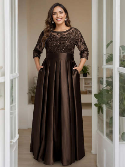 Plus Size Floor-Length Mother of the Bride A-Line Dress with 3/4 Sleeves Scoop Neck Bow & Sequins