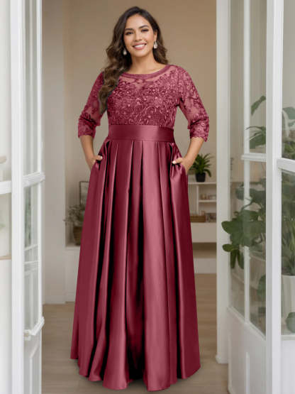 Plus Size Floor-Length Mother of the Bride A-Line Dress with 3/4 Sleeves Scoop Neck Bow & Sequins