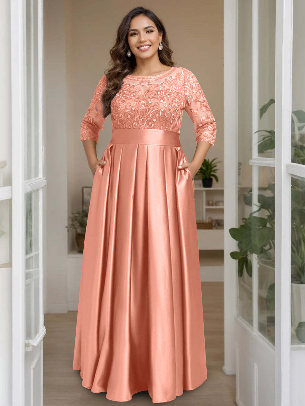 Plus Size Floor-Length Mother of the Bride A-Line Dress with 3/4 Sleeves Scoop Neck Bow & Sequins