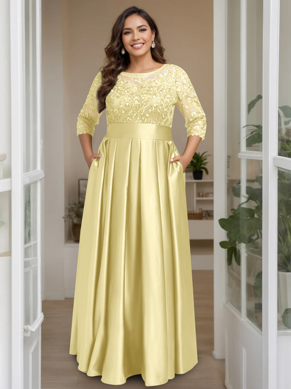 Plus Size Floor-Length Mother of the Bride A-Line Dress with 3/4 Sleeves Scoop Neck Bow & Sequins