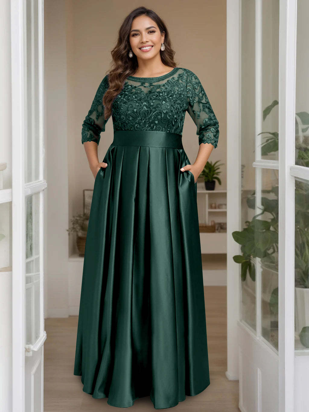Plus Size Floor-Length Mother of the Bride A-Line Dress with 3/4 Sleeves Scoop Neck Bow & Sequins