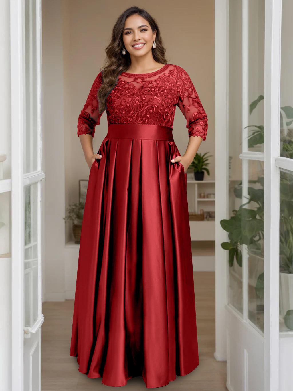 Plus Size Floor-Length Mother of the Bride A-Line Dress with 3/4 Sleeves Scoop Neck Bow & Sequins