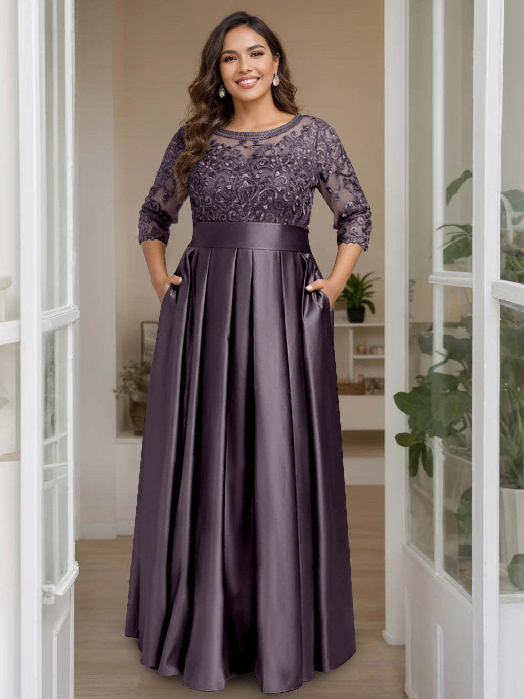 Plus Size Floor-Length Mother of the Bride A-Line Dress with 3/4 Sleeves Scoop Neck Bow & Sequins