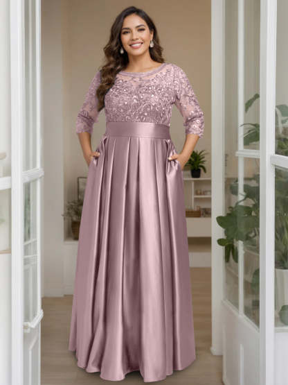 Plus Size Floor-Length Mother of the Bride A-Line Dress with 3/4 Sleeves Scoop Neck Bow & Sequins