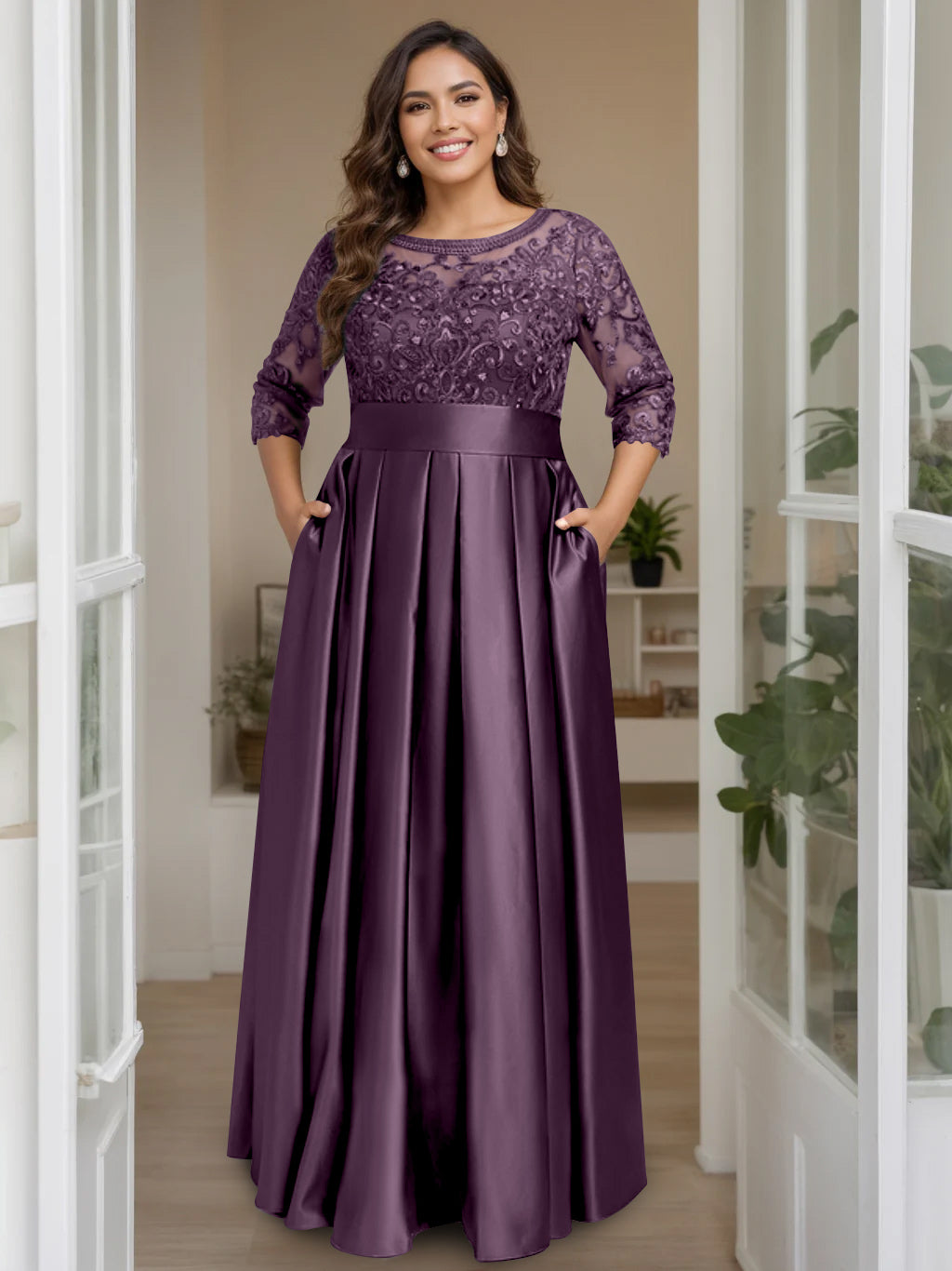 Plus Size Floor-Length Mother of the Bride A-Line Dress with 3/4 Sleeves Scoop Neck Bow & Sequins