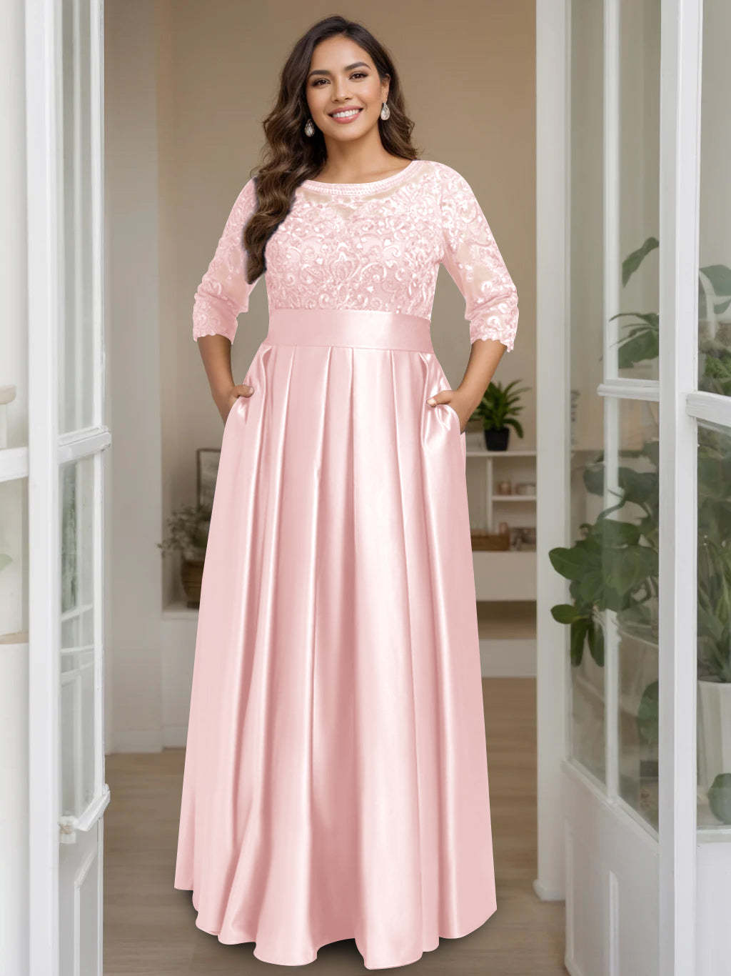 Plus Size Floor-Length Mother of the Bride A-Line Dress with 3/4 Sleeves Scoop Neck Bow & Sequins