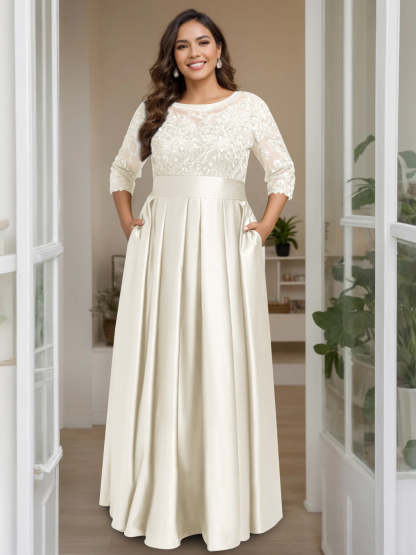 Plus Size Floor-Length Mother of the Bride A-Line Dress with 3/4 Sleeves Scoop Neck Bow & Sequins