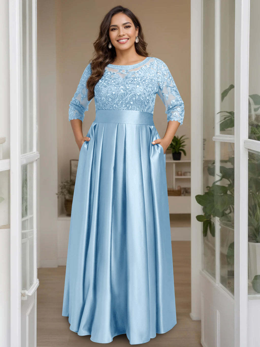 Plus Size Floor-Length Mother of the Bride A-Line Dress with 3/4 Sleeves Scoop Neck Bow & Sequins