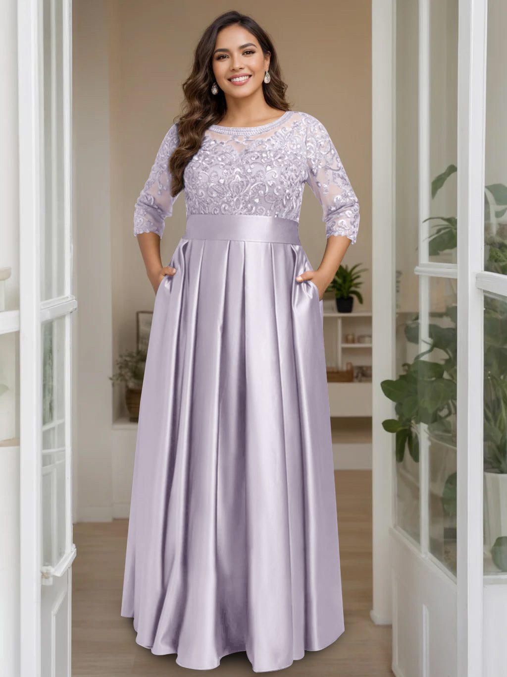 Plus Size Floor-Length Mother of the Bride A-Line Dress with 3/4 Sleeves Scoop Neck Bow & Sequins