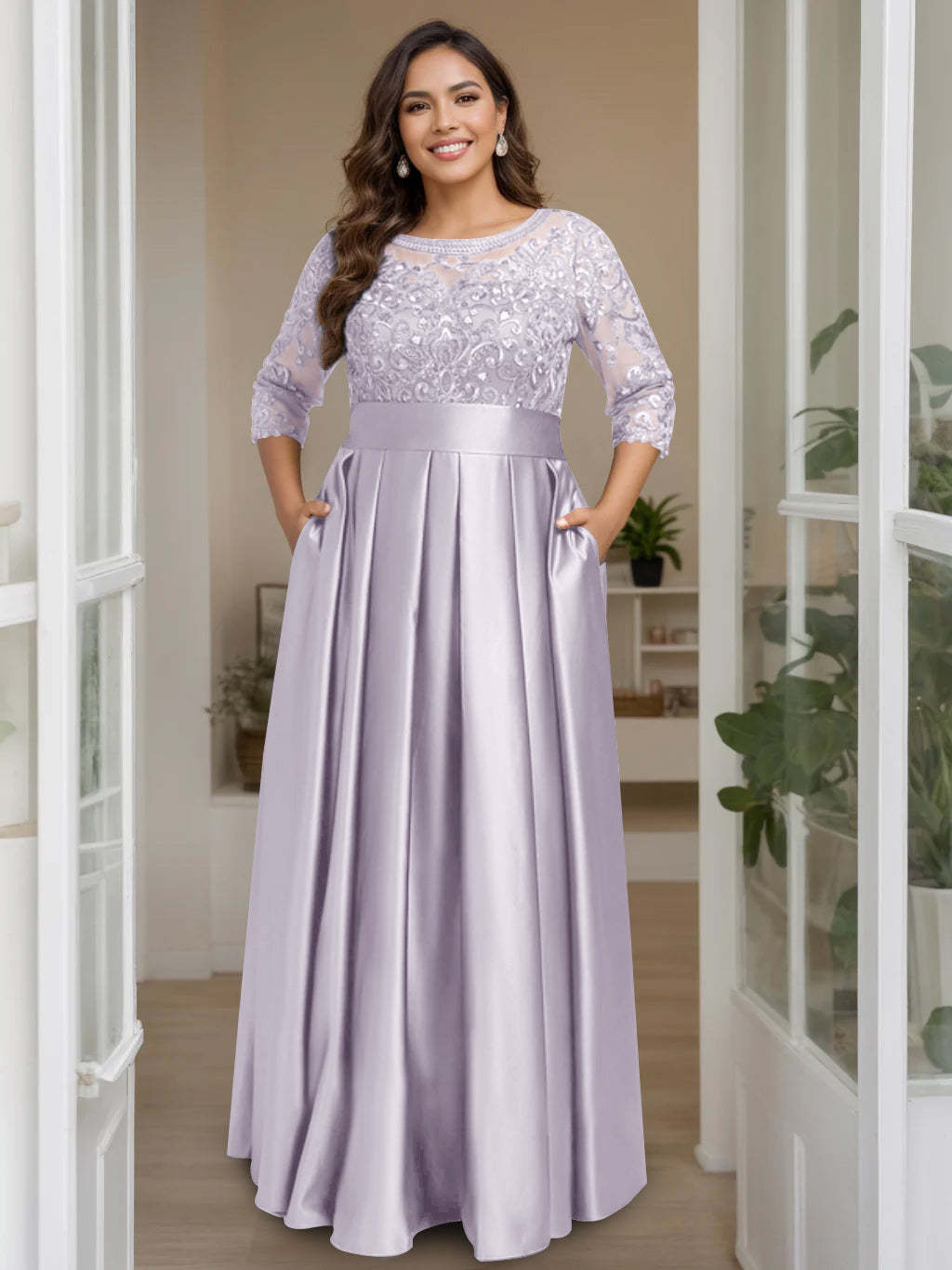 Plus Size Floor-Length Mother of the Bride A-Line Dress with 3/4 Sleeves Scoop Neck Bow & Sequins