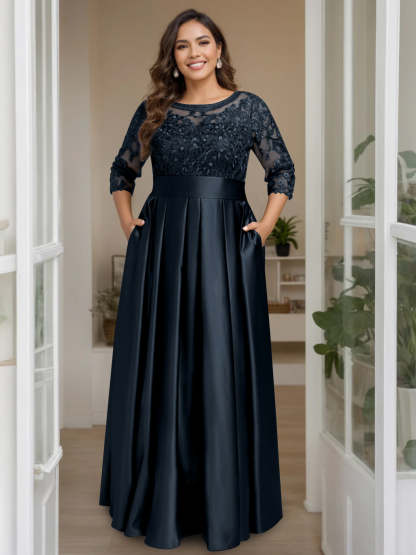 Plus Size Floor-Length Mother of the Bride A-Line Dress with 3/4 Sleeves Scoop Neck Bow & Sequins