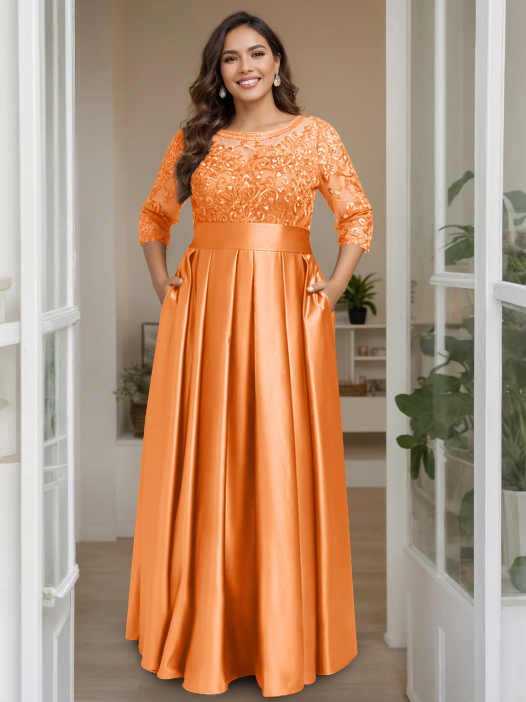 Plus Size Floor-Length Mother of the Bride A-Line Dress with 3/4 Sleeves Scoop Neck Bow & Sequins