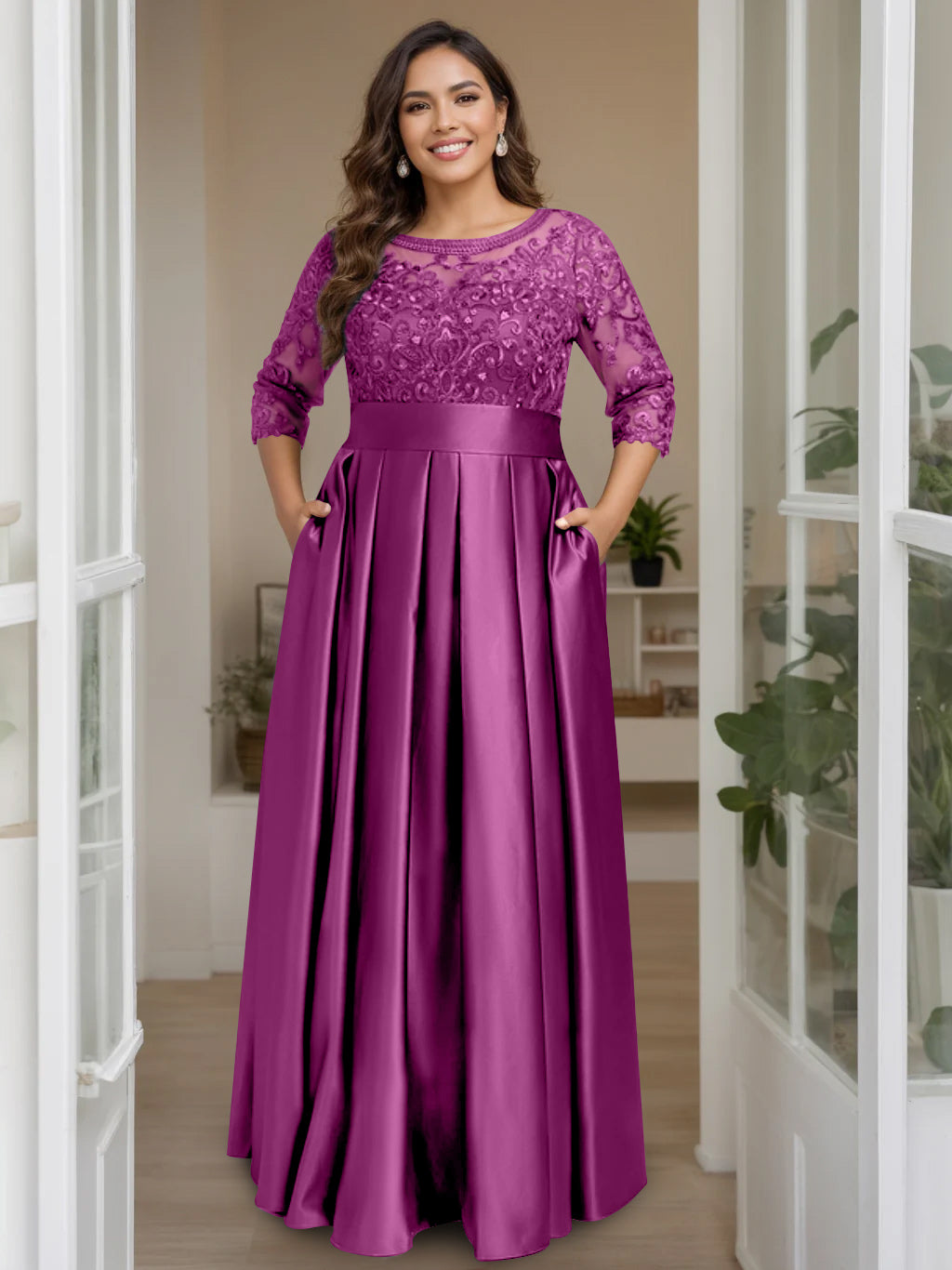Plus Size Floor-Length Mother of the Bride A-Line Dress with 3/4 Sleeves Scoop Neck Bow & Sequins