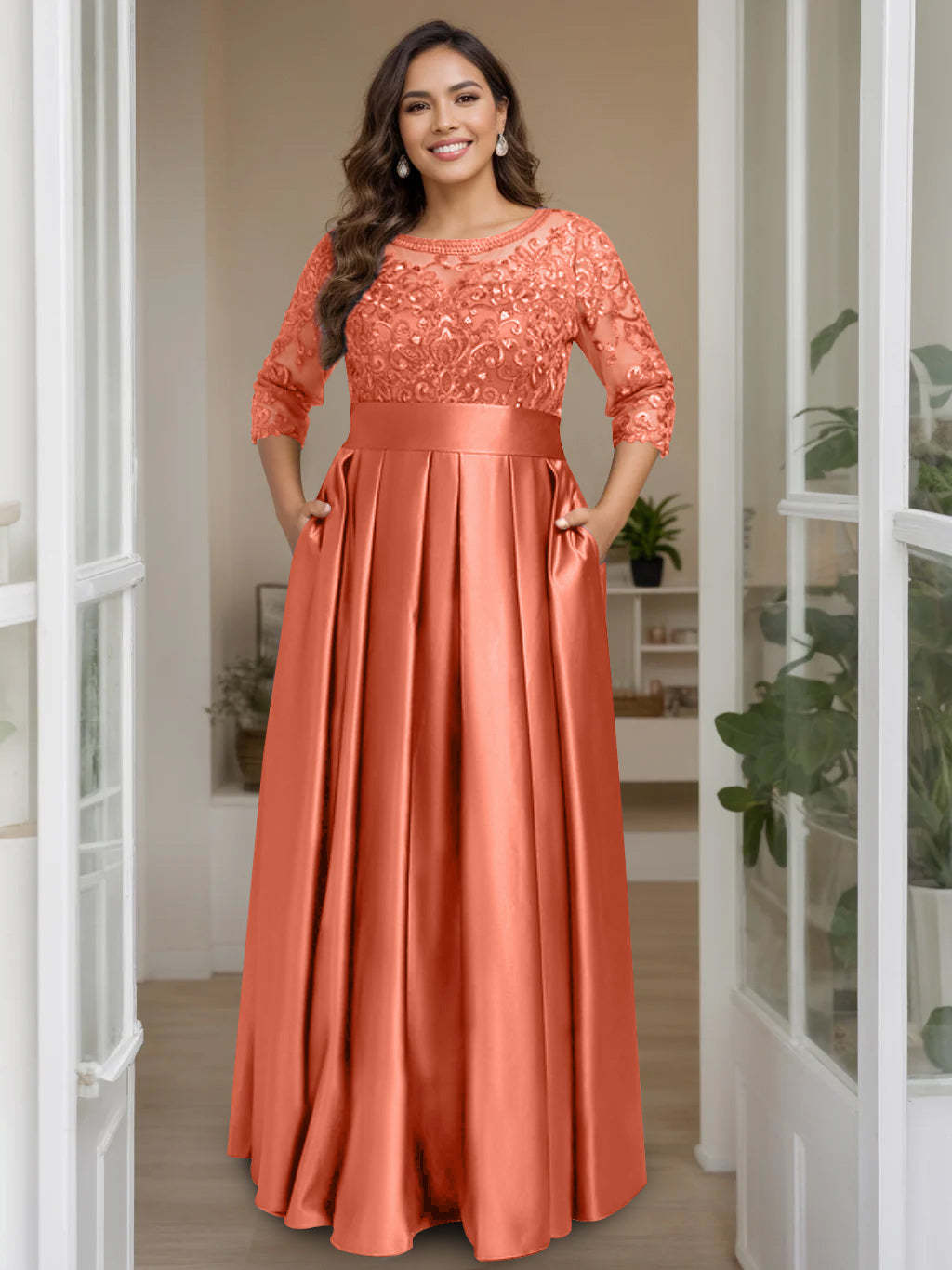 Plus Size Floor-Length Mother of the Bride A-Line Dress with 3/4 Sleeves Scoop Neck Bow & Sequins