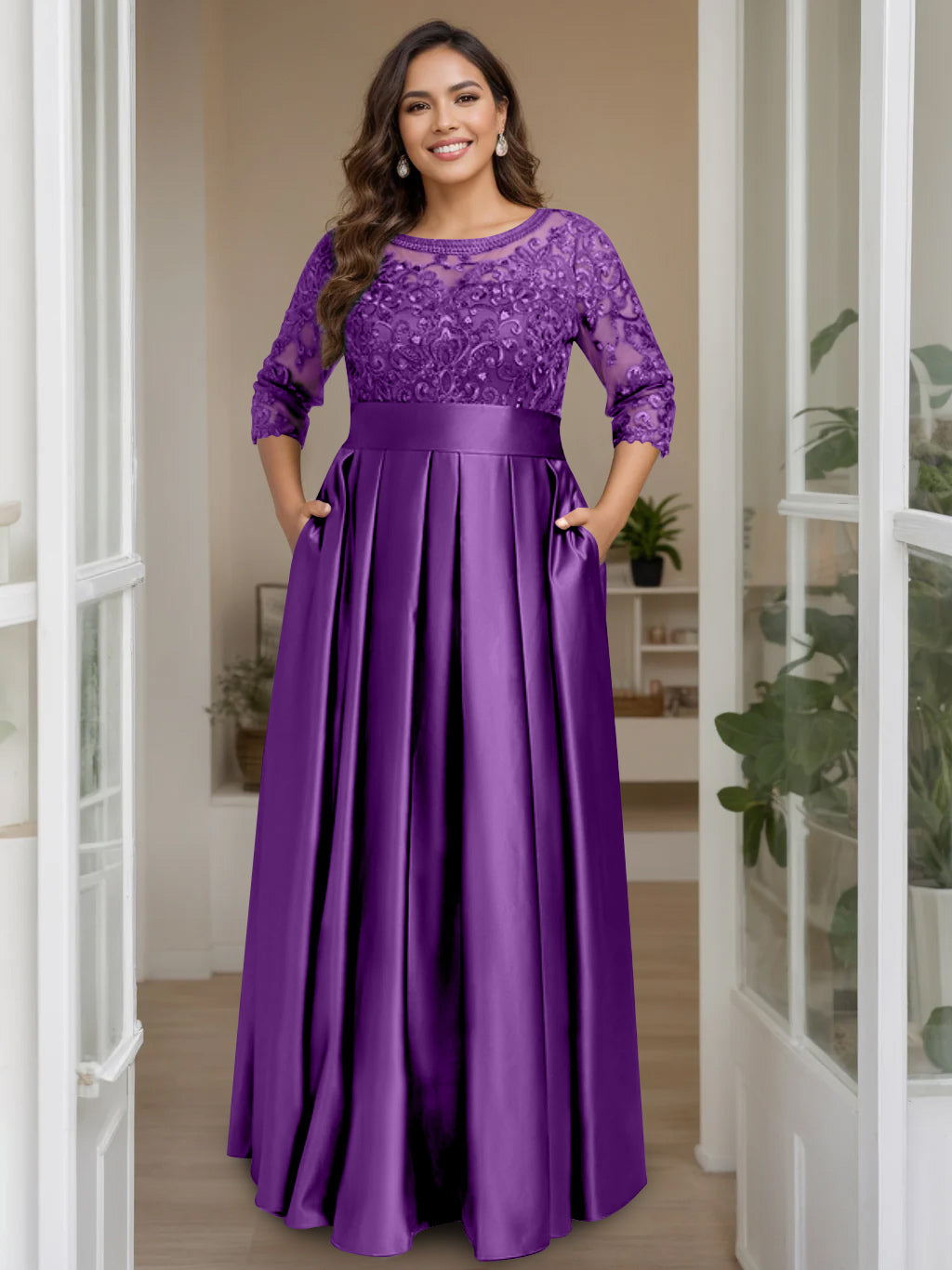 Plus Size Floor-Length Mother of the Bride A-Line Dress with 3/4 Sleeves Scoop Neck Bow & Sequins