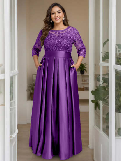 Plus Size Floor-Length Mother of the Bride A-Line Dress with 3/4 Sleeves Scoop Neck Bow & Sequins
