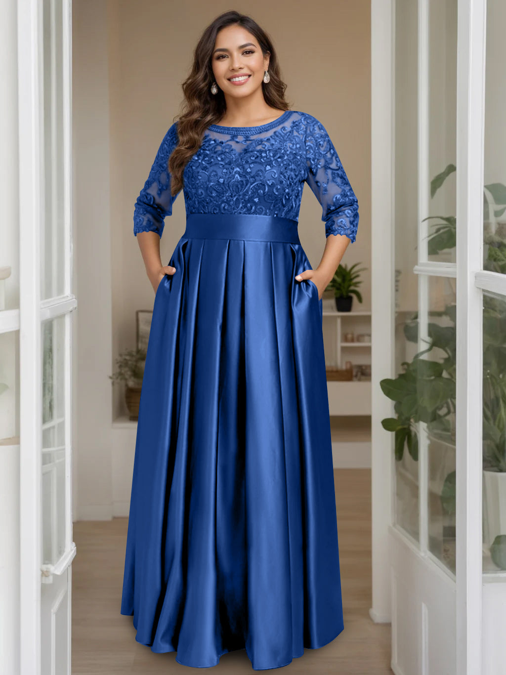 Plus Size Floor-Length Mother of the Bride A-Line Dress with 3/4 Sleeves Scoop Neck Bow & Sequins