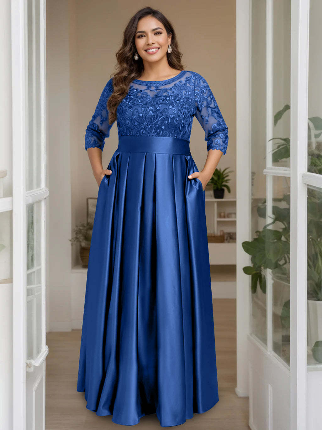 Plus Size Floor-Length Mother of the Bride A-Line Dress with 3/4 Sleeves Scoop Neck Bow & Sequins