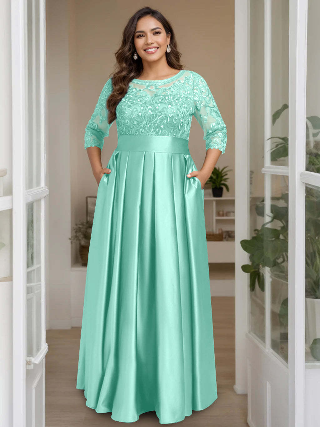 Plus Size Floor-Length Mother of the Bride A-Line Dress with 3/4 Sleeves Scoop Neck Bow & Sequins